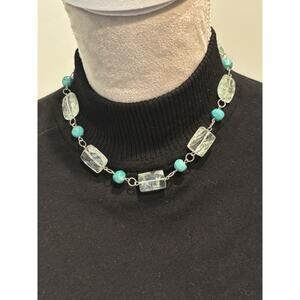 Faux Turquoise And Aqua Glass Bead Necklace 18” Sterling Silver Clasp 925
